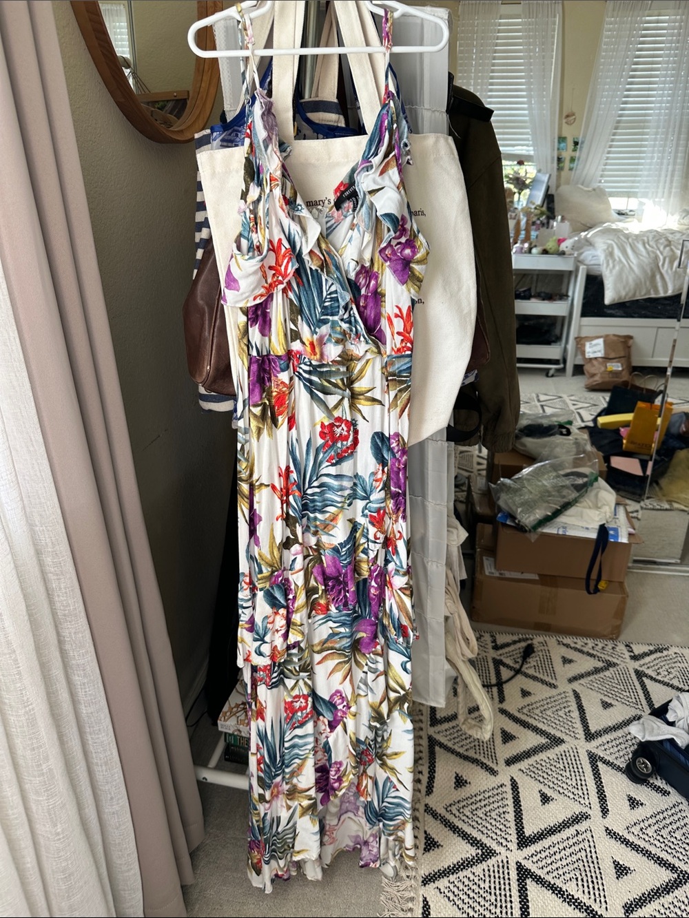 White Maxi Dress with Purple, Red, Green Floral Print